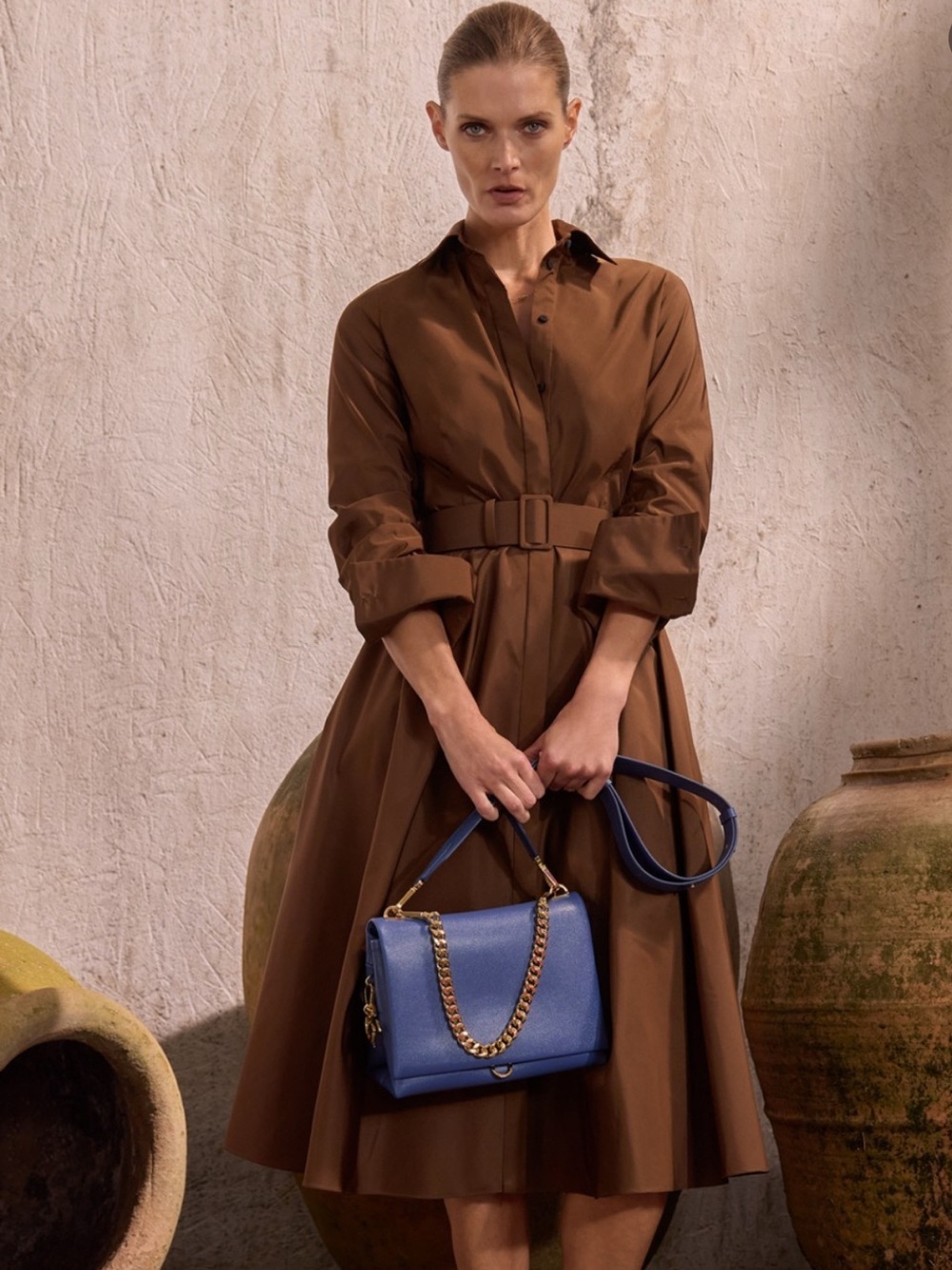 Carolina Herrera Dress New Brown Belted Shirt Dress with Blue Chain-Detail Bag